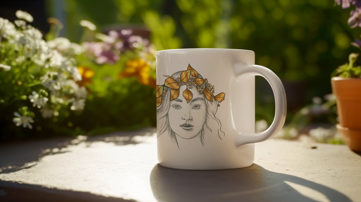 Golden Leaves Ceramic Mug - Muse Design, 11oz or 15oz, White Ceramic Coffee Mug with Comfortable C-Handle