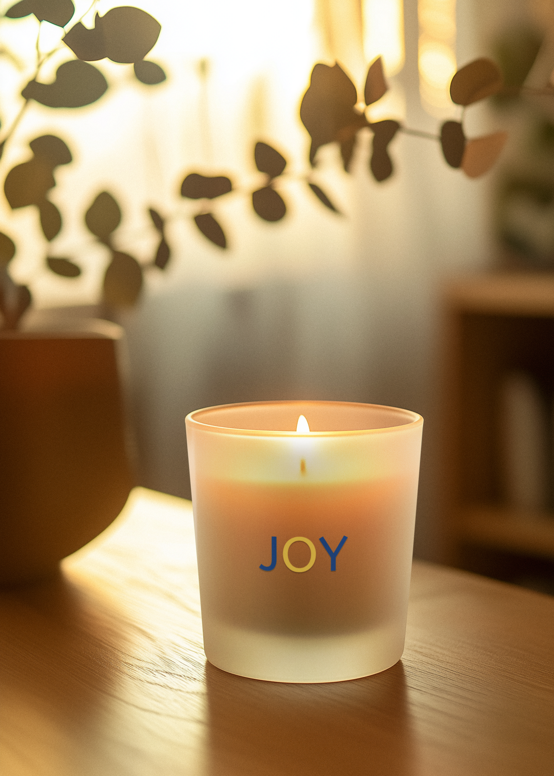 Joy Frosted Glass Candle with Wooden Wick - Scented Coconut Soy Wax in Elegant Off-White Glass Vessel