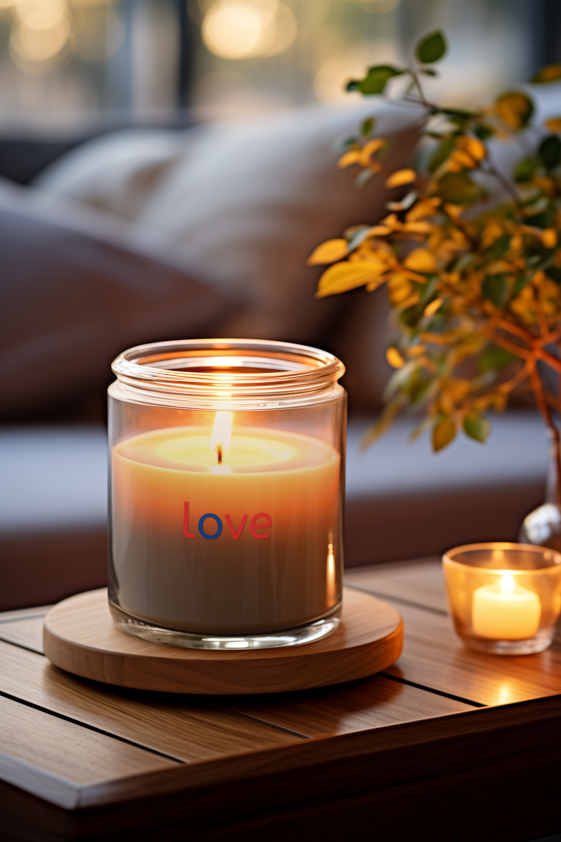 Love Frosted Glass Candle with wooden wick, coconut soy blend, and raw maple lid, 11oz size, burning with a soothing crackle.