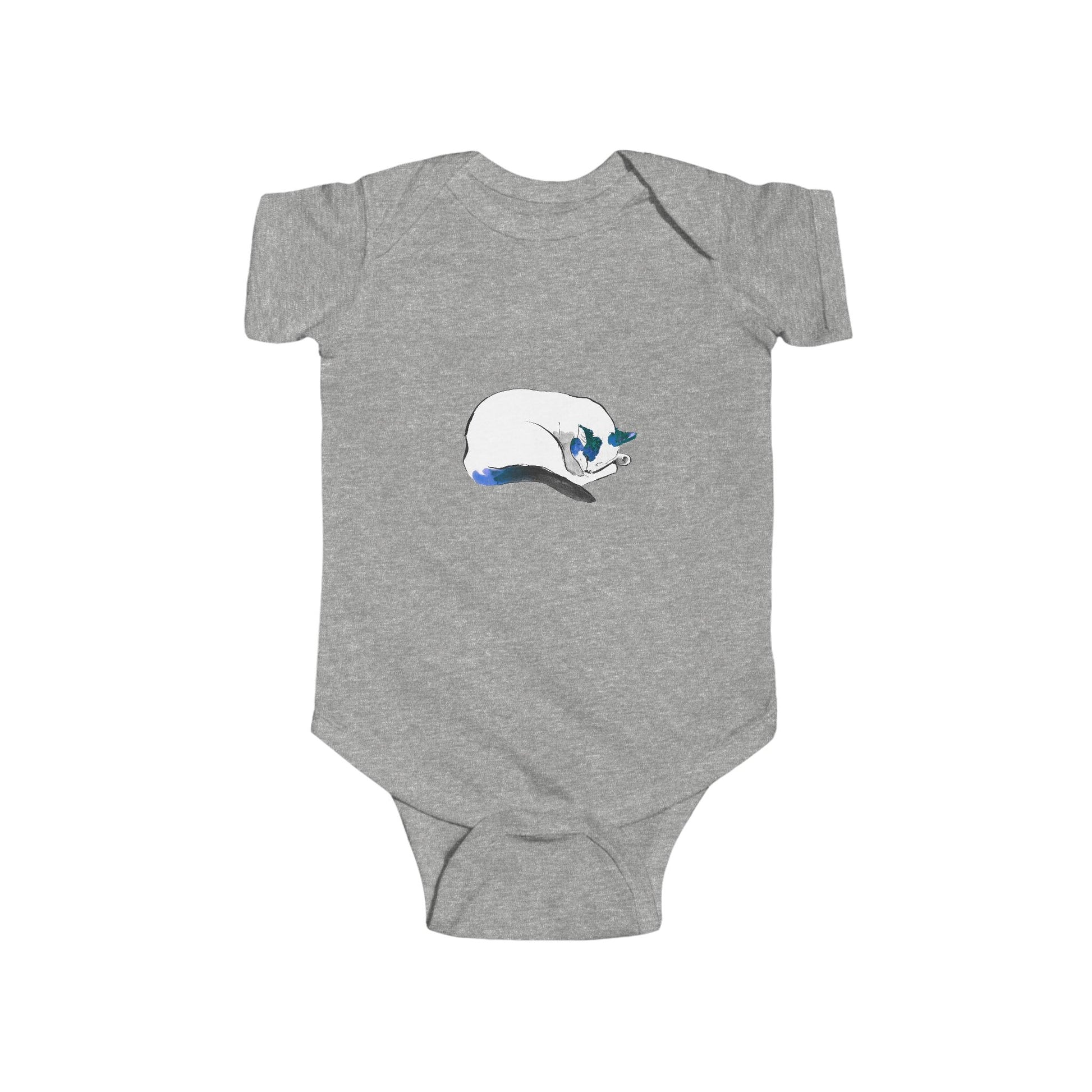 Side view of Napping Kitty Infant Bodysuit with durable ribbed knit bindings"